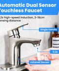 Touchless Bathroom Faucet With Dual Sensor shown in use, brushed nickel finish, single handle, infrared sensor visible, 1 or 3 hole installation.