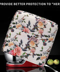 Floral quilted stand mixer cover for 5 to 8 quart mixers. Fits Sunbeam, Cuisinart, Hamilton mixers with protection shield.