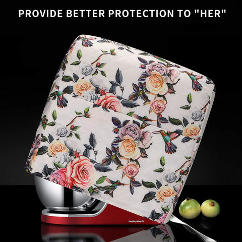 Floral quilted stand mixer cover for 5 to 8 quart mixers. Fits Sunbeam, Cuisinart, Hamilton mixers with protection shield.