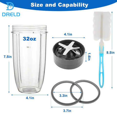 Replacement 32oz Blender Cup Set With 2 Extractor Blades And 2 Rubber Gaskets For 600W And 900W Blenders Includes Cleaning Brush