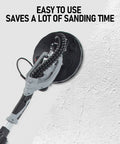 Powerful 710W Drywall Sander With LED Light And Variable Speed 800 To 1800 RPM, easy to use, on textured wall, close-up view.