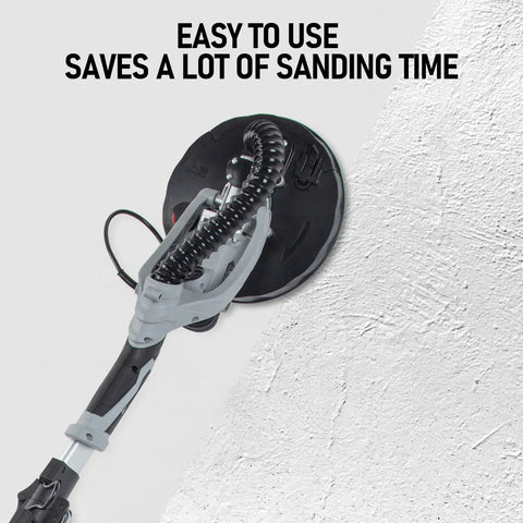 Powerful 710W Drywall Sander With LED Light And Variable Speed 800 To 1800 RPM, easy to use, on textured wall, close-up view.