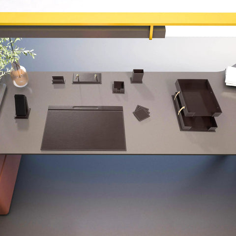 Top view of a desk with a sleek Leather Desk Organizer Set For Home Office And Office Desk Accessories Bonded Leather Craft In Rich Colors.