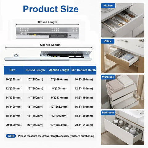 Two Third Extension Drawer Runners With Heavy Duty Soft Close Undermount Slides For Smooth Quiet Operation, Ball Bearing Rails, Durable Steel Tracks And Full Extension To Max Out Your Drawers. product size chart with 10-20 inch lengths