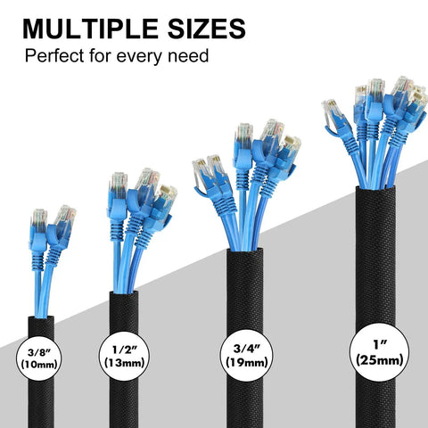 Pet Proof Cord Protector With Split Design For No Chew Cords, 10 Feet Long And Half Inch Wide, Black, Ultra Durable Bite Resistant PET Material, Easy To Install And Cut To Length For Any Indoor Setup showing sizes 3/8 to 1 inch