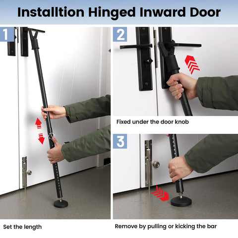 Three In One Sliding Door Security Bar 3 Pack Adjustable From 20.5 To 51.8 Inches With Removable Top And Bottom Catches For Hinged Doors Sliding Glass Doors And Windows Heavy Duty Black being installed on hinged inward door.