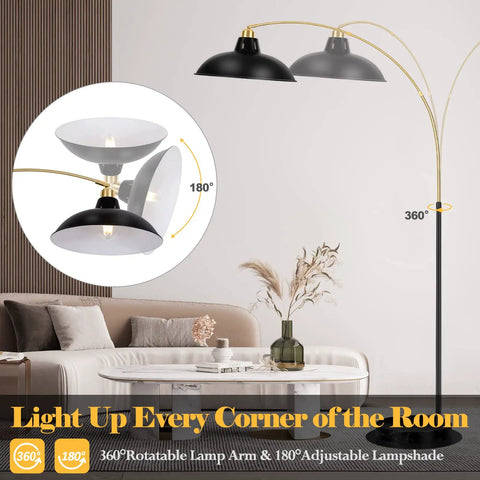 Industrial Arc Floor Lamp With Marble Base In Black Gold Finish, 360 Rotatable Arm, Sleek Reading Lamp For Living Room