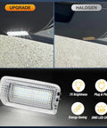 Comparison of 2 Pack White LED Interior Door Panel Lights Courtesy Lamps Plug And Play For Toyota Avalon Camry Sienna Prius 4Runner Lexus IS ES GS LS RX GX LX And Subaru BRZ Go To Upgrade, showing upgraded LED versus halogen lighting differences.