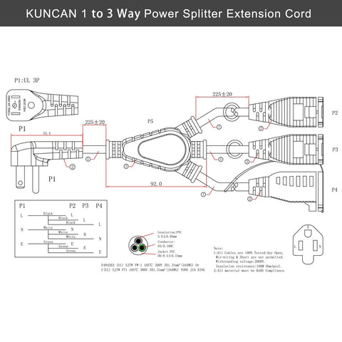 Diagram of Outdoor 3 Outlet Power Splitter With 90 Degree Flat Plug 1 To 3 Way Outlet Adapter 1.5 Ft SJTW 16AWG 3 Prong