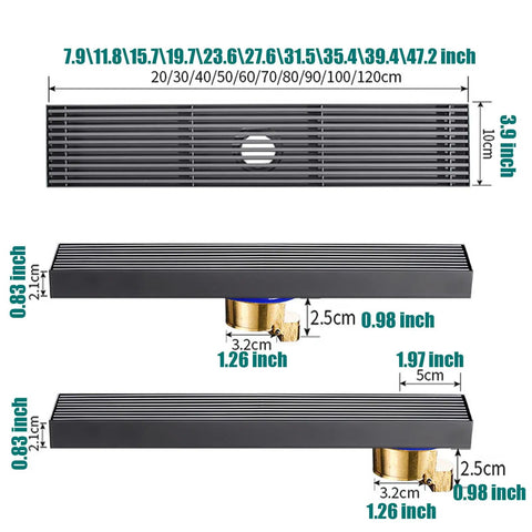 Heavy Duty Linear Shower Drain With Sleek Rectangular Grate For Effortless Center Drainage And Clog Free Removable Pan Crafted For Modern Bathroom Flooring Running Smooth With Zero Fuss On Routine Maintenance, dimension details shown.