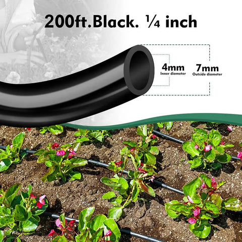 Two Hundred Feet One Quarter Inch Drip Irrigation Tubing Flexible Durable Garden Watering Hose used in flower beds.