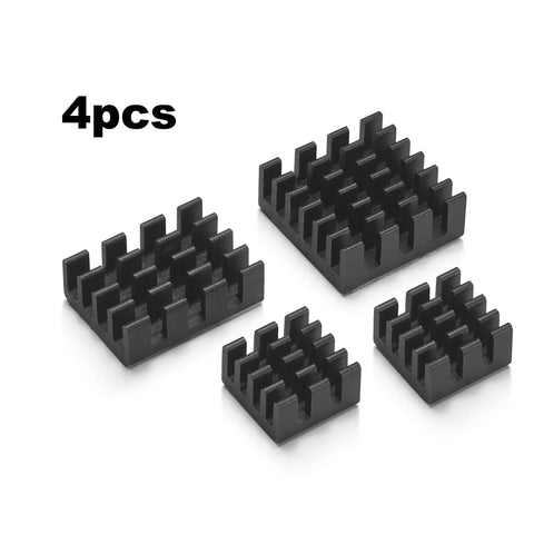 Four black heatsinks for Raspberry Pi 4 Starter Kit With Fan Cooled ABS Case And 4GB Model B Board Plus Essential Accessories.