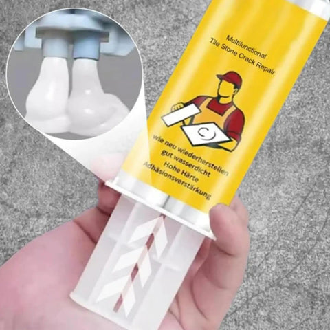 All In One Tile Crack Repair Kit For DIY Pros With Quick Drying Glue held in hand showing applicator nozzle.