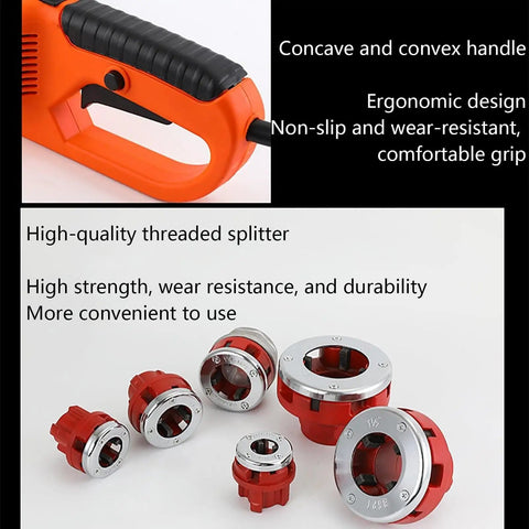 Upgraded Portable Electric Pipe Threader 2300W Pure Copper Motor Handheld Kit showing ergonomic handle and high-quality dies.