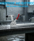 Straight Up Heavy Duty Horizontal Toggle Clamps With Stainless Steel Construction And 198 Pounds Holding Power Delivering Smooth Quick Release Action Plus Protective Rubber Tips For Woodworking Jigs And Fixtures in rainy workshop setting.