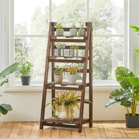 Industrial 4 Tier Bookshelf Freestanding Rustic Display Bookcase Storage Rack with Foldable Frame and Flip Up Shelves plant stand