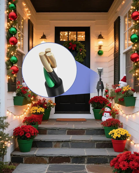 Outdoor holiday porch with lights using Outdoor Wireless Remote Control Outlet Kit Weatherproof Heavy Duty Power Strip With Dual 3 Prong Outlets 6 Inch Cord and 100 Foot Range ETL Listed 15A Plug and Play Ready For Indoor or Outdoor Use.