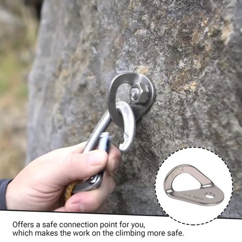 Heavy Duty Stainless Steel Climbing Bolt Hanger on rock, secure anchor for rappelling and crag setup, fits M10 threads.