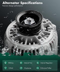 Toyota Camry Solara 2.2L Alternator 12V 80 Amp With 5 Groove Pulley CW Direct Fit For 1997 1998 1999 2000 2001 Camry And 1999 2000 2001 Solara L4 2.2L, close-up view showing specifications and water spray