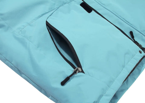 Close-up of pocket on Men's Waterproof Ski Jacket Hooded Winter Coat For Snowboarding Windproof And Warm Outdoor Outerwear In Light Blue