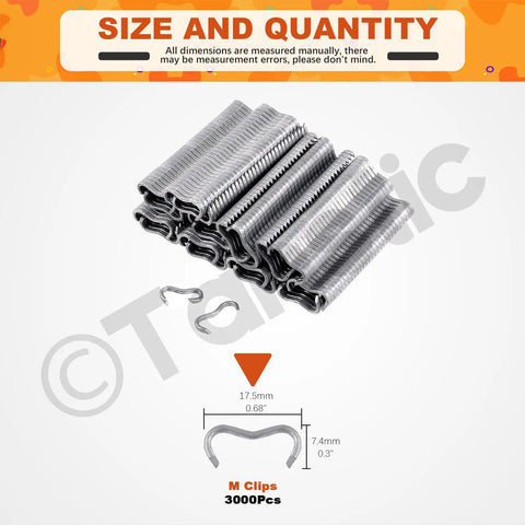Built Tough Type M Hog Ring Clips And M Nails 3000 Pcs Zinc Plated Aluminum Upholstery Staples, showing 3000 M clips with dimensions.