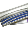 Diamond Burrs Set 30Pcs Industrial Grade 150 Grit Rotary Grindin Bits neatly arranged in a plastic case with blue and silver accents.