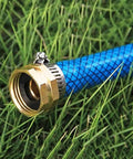 Rock Solid 3 Piece Garden Hose Quick Connect Brass Fittings 3/4 Inch External Threaded Repair Kit For Watering Plants And Flowers With Easy Grip Leaks Proof Setup That Makes Gardening A Total Vibe brass hose connector on blue hose