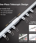 Retractable Ceiling Curtain Track 2.8 To 5.2 Ft White With Silent Nano Roller System And 304 Stainless Steel Hooks, one-piece telescopic design