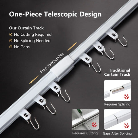Retractable Ceiling Curtain Track 2.8 To 5.2 Ft White With Silent Nano Roller System And 304 Stainless Steel Hooks, one-piece telescopic design