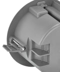 Close-up of the 18 Cu In PVC Old Construction Ceiling Junction Box For Old Work Non Metallic J Box ETL Listed 2 Hour Fire Rating Gray