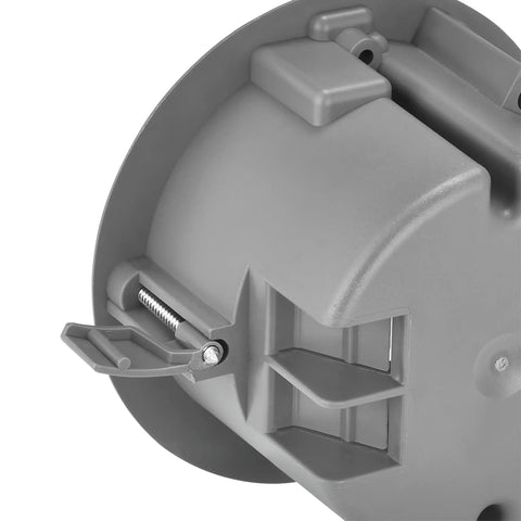 Close-up of the 18 Cu In PVC Old Construction Ceiling Junction Box For Old Work Non Metallic J Box ETL Listed 2 Hour Fire Rating Gray
