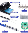 2 In 1 Hot Air Rework And Soldering Iron Station For Pros With 10 Solder Iron Tips, 4 Nozzles, accessories including holder, sponge, IC extractor, solder sucker, and wire.