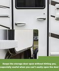5 Piece RV Door Holder Kit With Sturdy Spring Clip And Mounting Screws shown holding RV storage door open