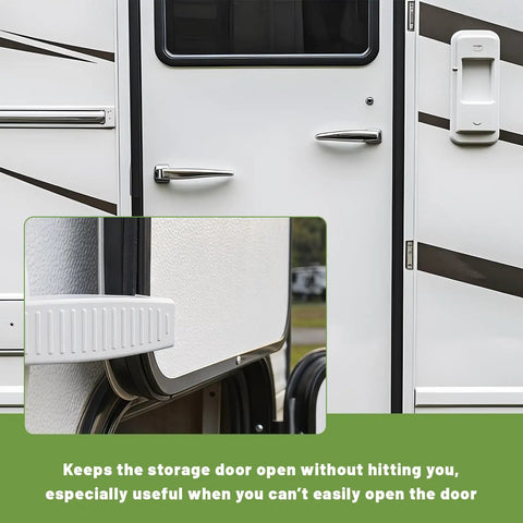 5 Piece RV Door Holder Kit With Sturdy Spring Clip And Mounting Screws shown holding RV storage door open