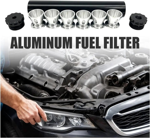 Heavy Duty Aluminum Solvent Filter Trap Kit One Half Inch By Twenty Eight Black With Multiple End Caps shown with car engine
