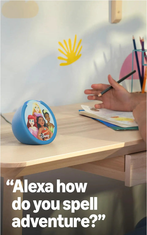 Echo Pop Kids Smart Speaker With Alexa Plus Showcasing Fresh Disney Princess Vibes for learning on a desk with colorful decor.