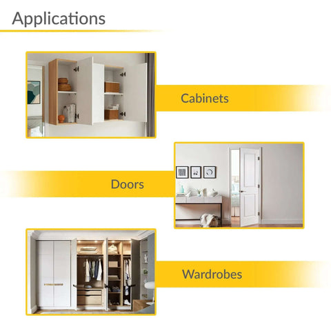 Applications of concealed door hinge 3D adjustable TECTUS TE 640 for cabinets, doors, and wardrobes in residential settings.