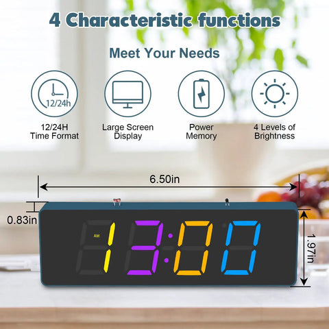 DIY Clock Soldering Kit With 4 Digit Digital Alarm Clock, RGB Lighting Modes, Large Display showing dimensions and features