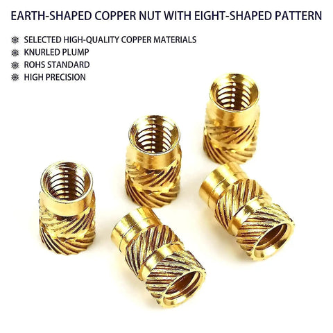 Grab This 330pcs Brass Threaded Insert Kit With Knurled Design For Fast DIY Fixes At Home Or Shop Versatile Hardware Assortment Holds Strong In Plastics And Wood Perfect For Any Project, showing eight-shaped copper nuts.