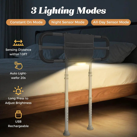 Heavy Duty Adjustable Bed Rail For Seniors With Motion Activated LED Light, 400 Lbs Support in night sensor mode