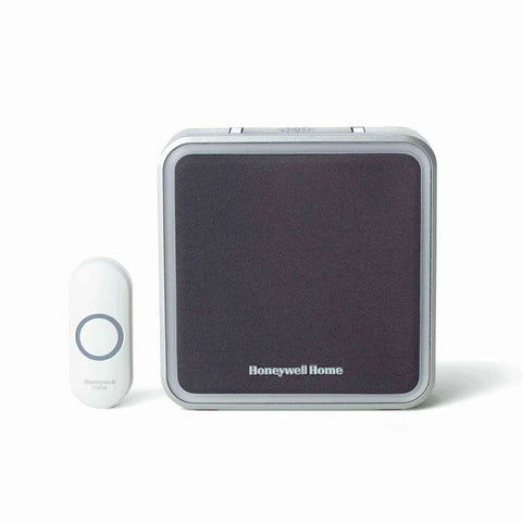 Series 9 Portable Wired and Wireless Doorbell With 11 Preinstalled Tunes 450 Foot Range Easy Install Wall Mount Or Tabletop Setup Adjustable Volume Up To 90 Decibels, shown with chime and button