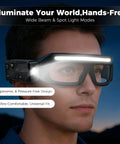 Game Changer Durable Rechargeable Headlamp Glasses With Smart Motion Sensor And Quick Tap Controls For Camping Hiking Fishing And Outdoor Adventures Two Pack Yellow Lenses worn by a person, showcasing ergonomic design and illumination.