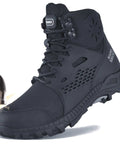 Side view of black Indestructible Steel Toe Work Boots For Men And Women Waterproof Built Tough With Arch Support And Non Slip Rubber Sole