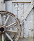 Rustic wagon wheel on weathered wood background with water droplets on Farmhouse Shower Curtain With Green Ivy Leaves And Gray Wood Plank Look And Country Cabin Vibe Durable Polyester With Hooks 70x70 Inches Easy Care Bathroom Decor