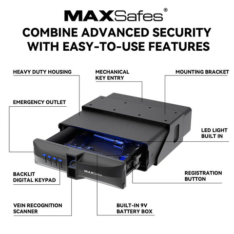 Heavy Duty Under Desk Gun Safe With Top Notch Biometric Finger Vein Lock For Dual Pistol Quick Grab Bullseye Accuracy Home Office Vehicle Hardened Storage showing emergency outlet, mechanical key entry, and backlit keypad.