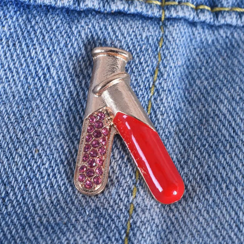 4 Piece Chemistry Beaker Brooch Set With Flask Design, Metal Alloy Scientist Lapel Pin on denim displaying red and pink details