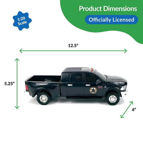 Yellowstone Kayce Dutton Ram 3500 Mega Cab 1:20 Scale Collectible Truck side view with official dimensions labeled