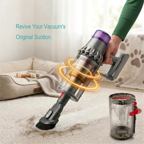 Replacement Dust Bin For V11 V15 SV14 SV15 SV22 Cordless Vacuum Cleaners, Easy Snap In Fit, shown with vacuum cleaning dirt