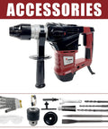 Beast 14.6 Amp Hammer Drill With One And A Quarter Inch SDS Plus 1100 BPM 4700 RPM 3 Modes accessories and parts displayed.