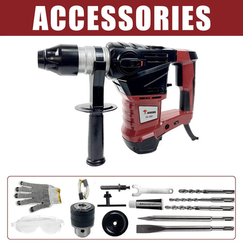 Beast 14.6 Amp Hammer Drill With One And A Quarter Inch SDS Plus 1100 BPM 4700 RPM 3 Modes accessories and parts displayed.
